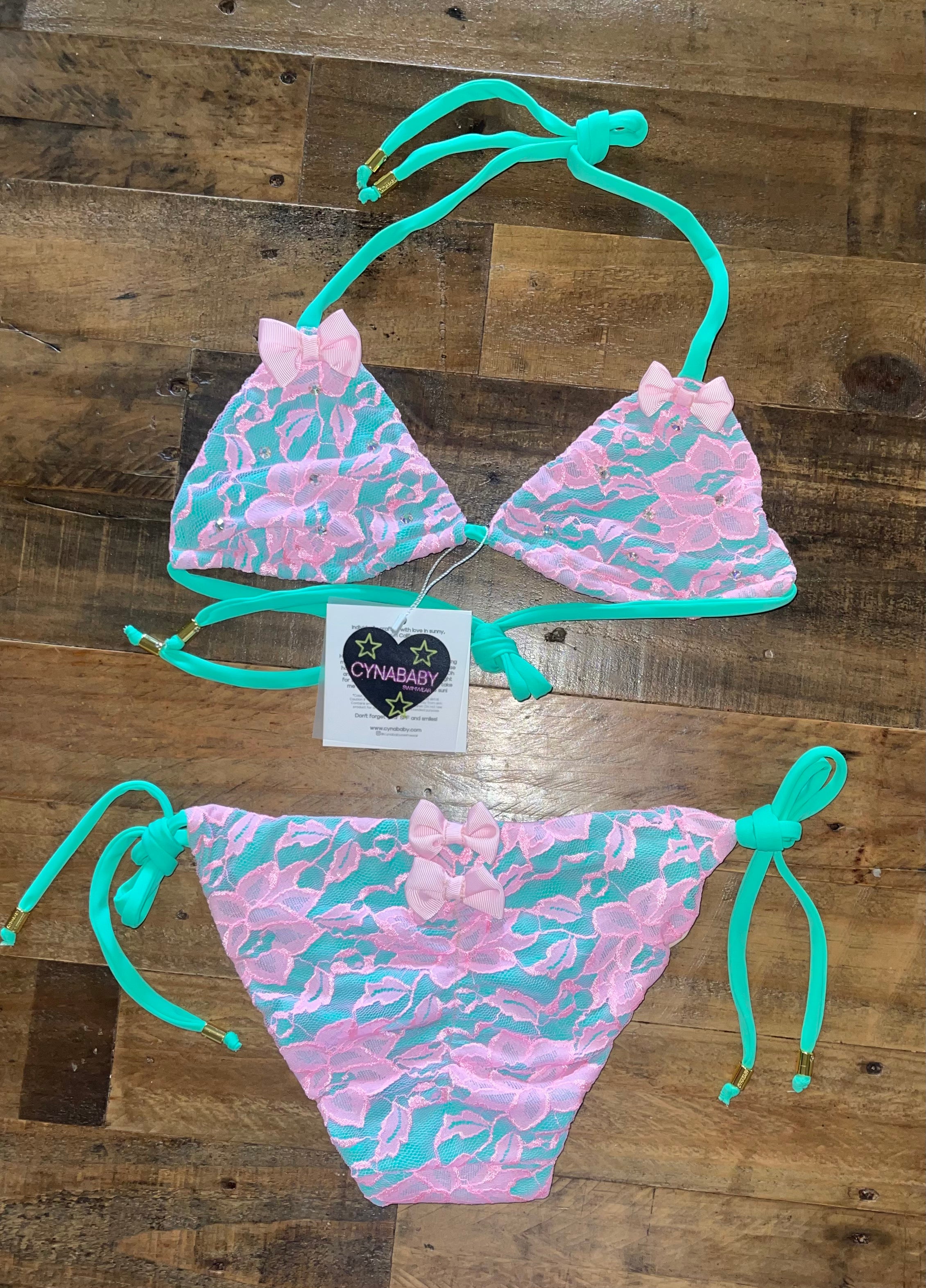 Lacy Bow Lace Swimwear - Seafoam Mint Green Pink Lace Bikini – Cynababy