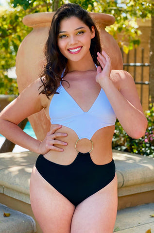 Custom swimsuit 90s O Ring Color-block Cut Out Monokini One Piece Swimsuit  - Black White. Cynababy